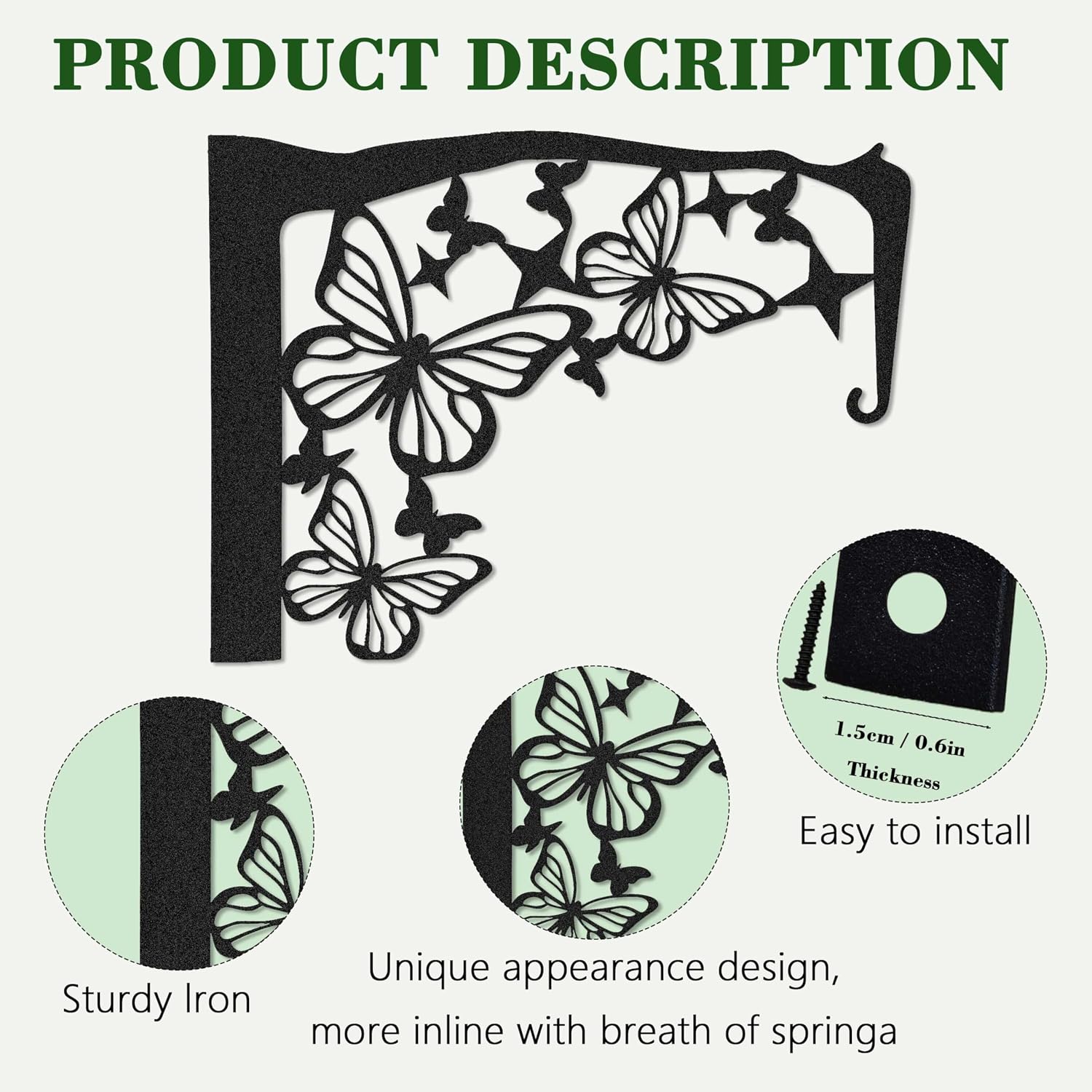 Set of 2 Black Metal Butterfly Plant Wall Hanger Hook for Outdoor Indoor, Hanger Bracket for Blasket Pot Staghorn Fern