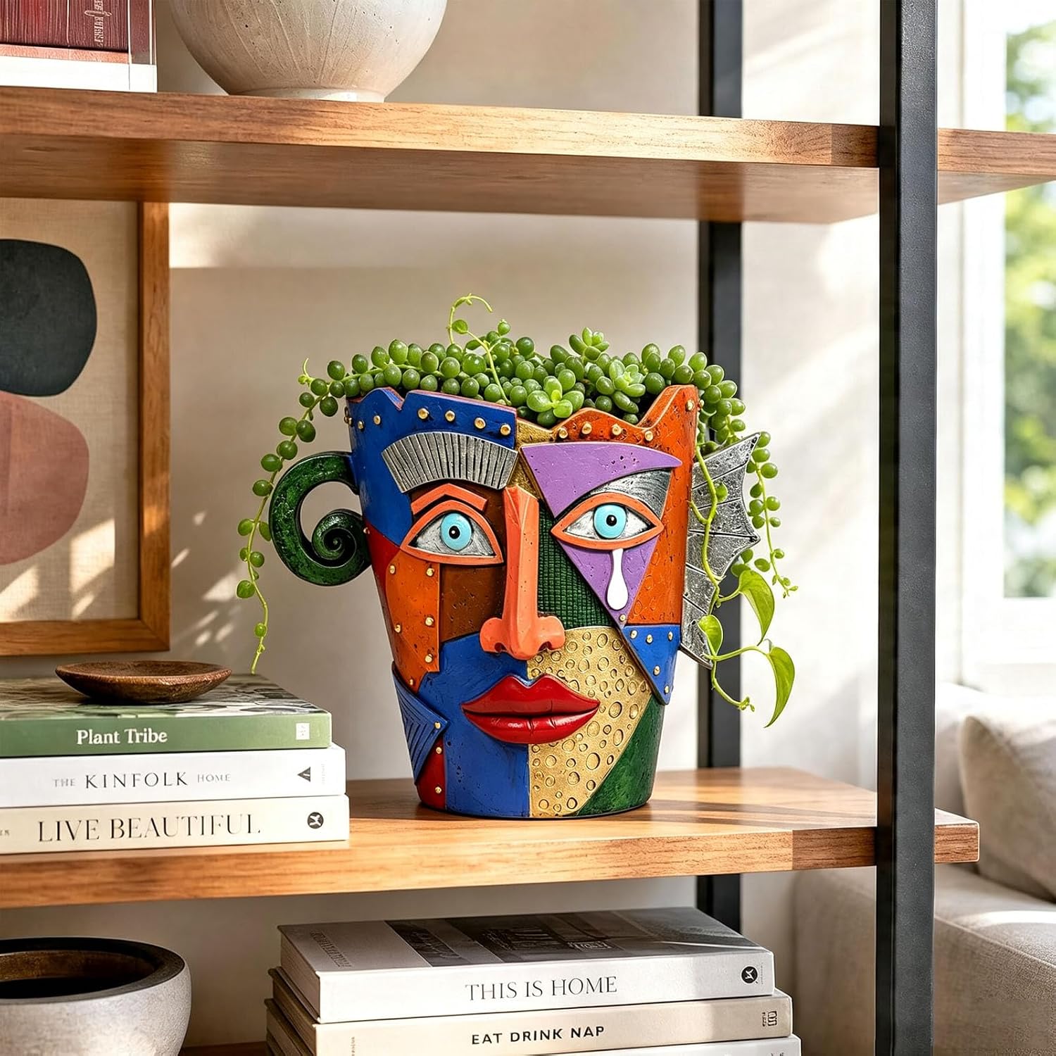 Picasso Abstract Face Planter, Resin Head Pot, for Indoor Outdoor | Handmade cubist planter with drainage hole for