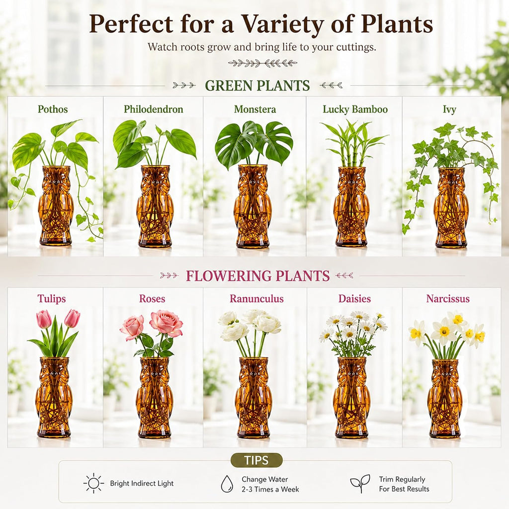 Owl Plant Propagation Station: Set of 4 Cute Brown Glass Vases | Small Plant Terrarium for Hydroponics, Home Office