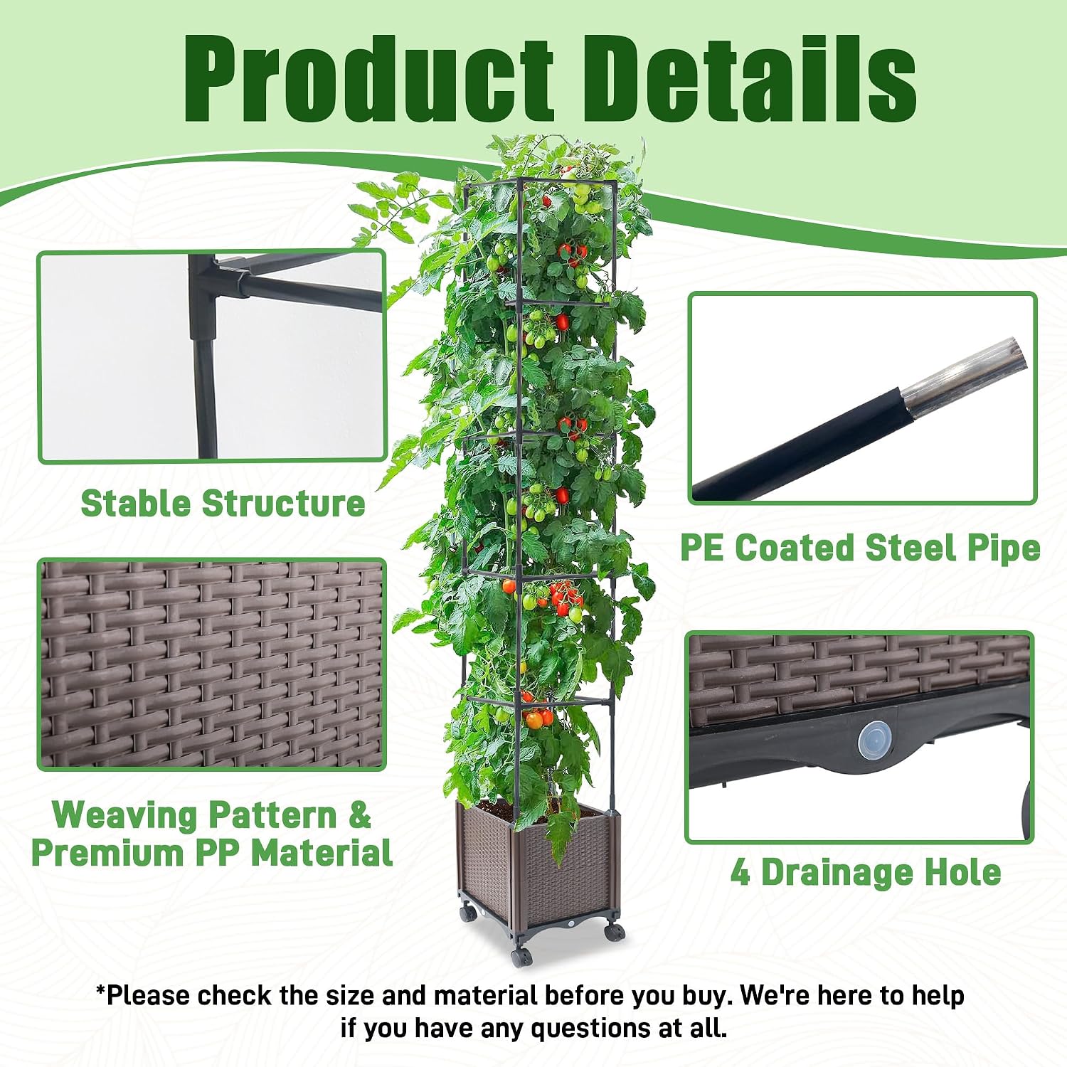 Quibbay Raised Garden Bed with Tomato Planter Cage,50.4" Self Watering Tomato Planter with Plastic Coating Steel Pipe