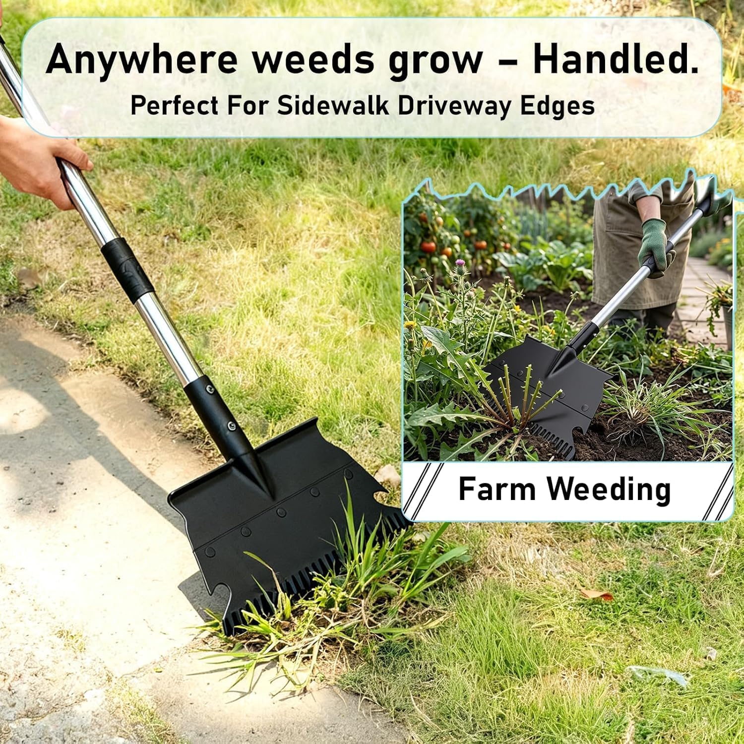 Garden Flat Shovel, 50" Weed Removal Tool with Detachable Pole, Manganese Steel Weeding Shovel with Reinforced Rib &