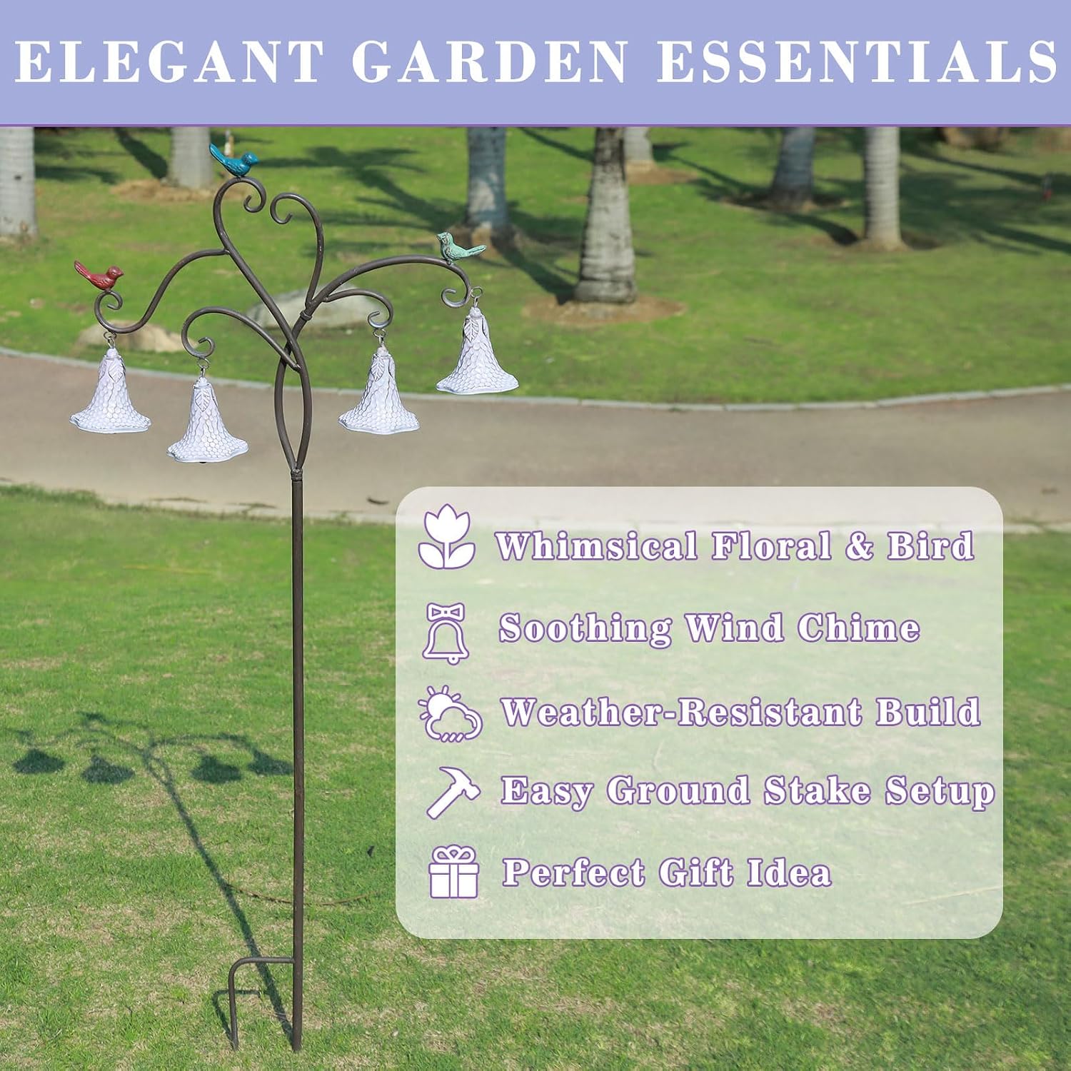 HOUYANG 48 Inch Metal Decorative Garden Stake with Bird and Bell Decor | Rustic Metal Flowers Yard Art for Outdoor Yard