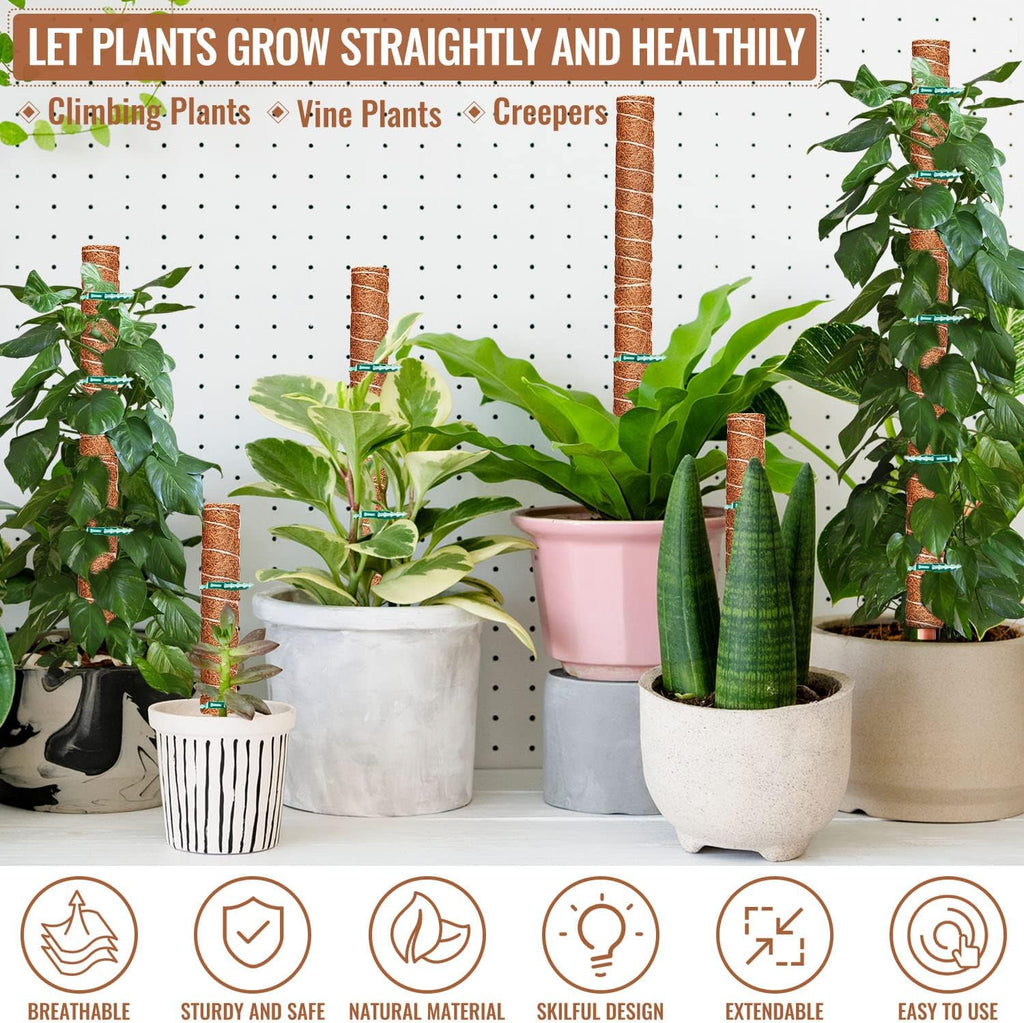 Coir Moss Poles for Climbing Plants, 8 Pcs 12'' Coir Moss Totem Stick | with 16 Pcs Adjustable Plant Ties, For Creepers
