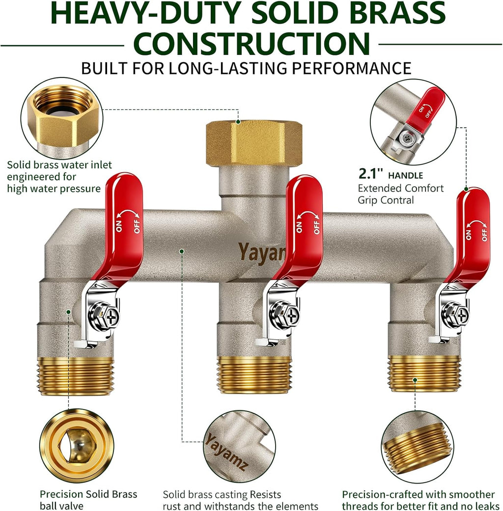 3 Way Garden Hose Splitter, 3/4" GHT Full Flow Hose Splitter | One-Piece Heavy Duty Full Brass Body with Shut-off