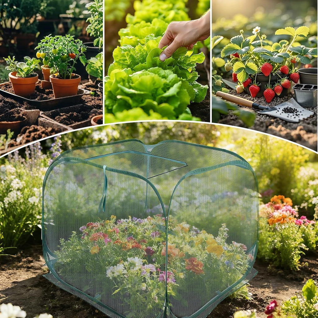 EATAKWARD 2 PCS Foldable Plant Protector, 35" x 35" x 27.5" Pop-Up Mesh Cover, Bird Betting for Garden, Garden Bed