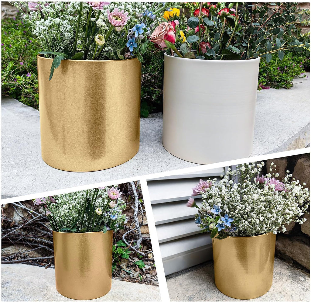 Gold Metal Plant Pot with Drainage Hole, 7 Inch Mid Century Modern Small Pot Indoor Outdoor Planters for Succulents