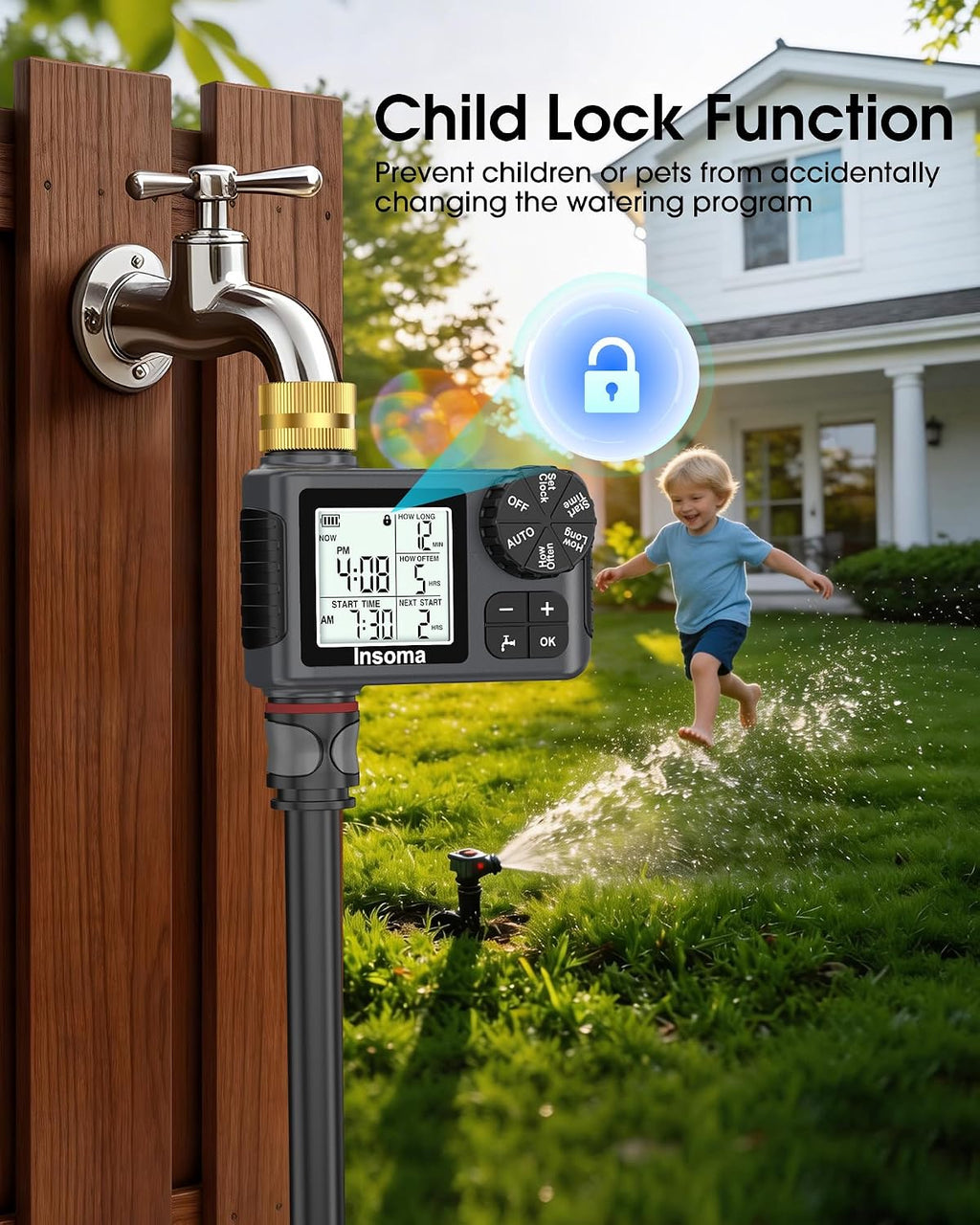 Water Timer for Garden Hose with Brass Inlet, 1 Outlet Sprinkler Timer with Auto/Manual/Rain Delay Mode, Large LCD