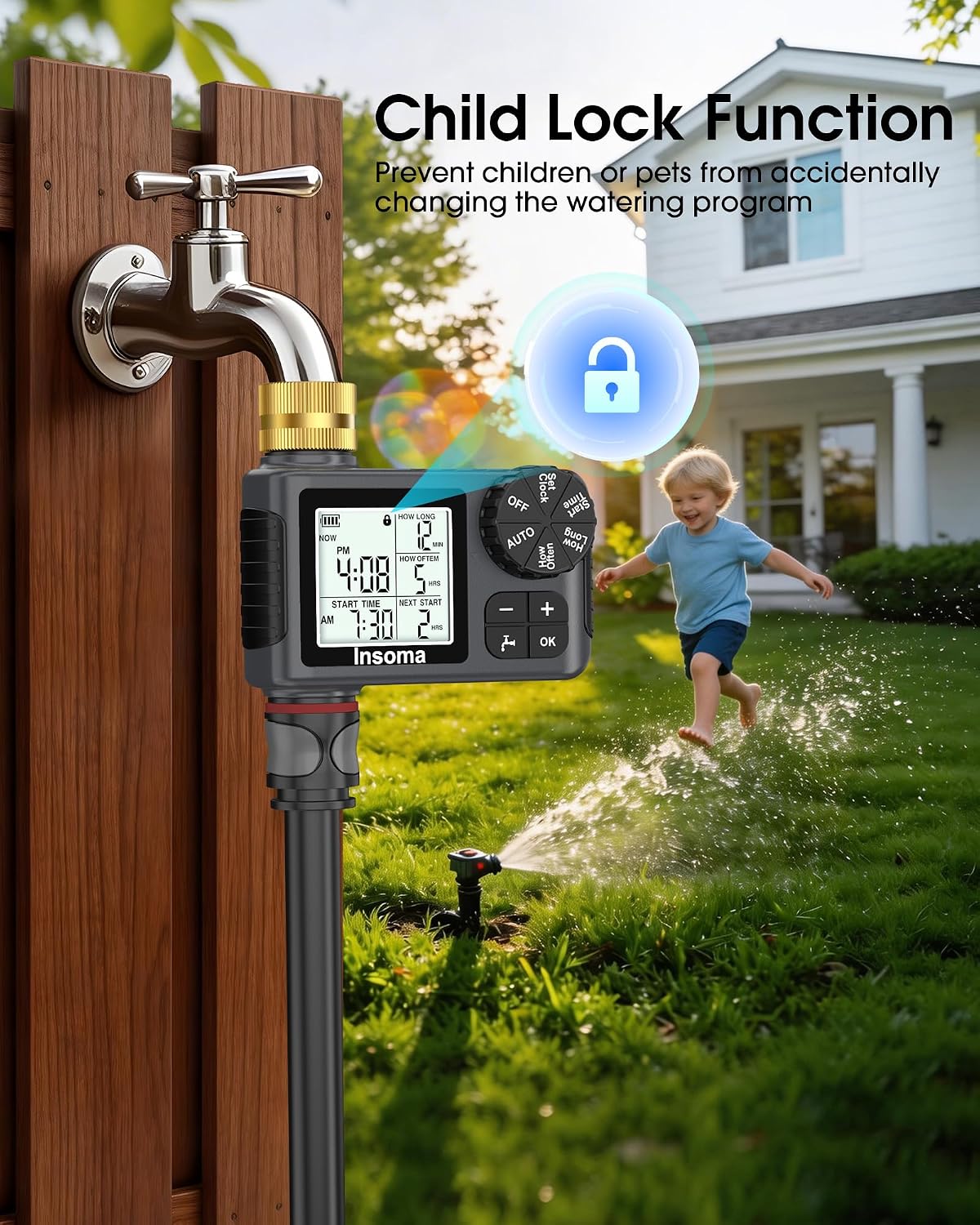 Water Timer for Garden Hose with Brass Inlet, 1 Outlet Sprinkler Timer with Auto/Manual/Rain Delay Mode, Large LCD