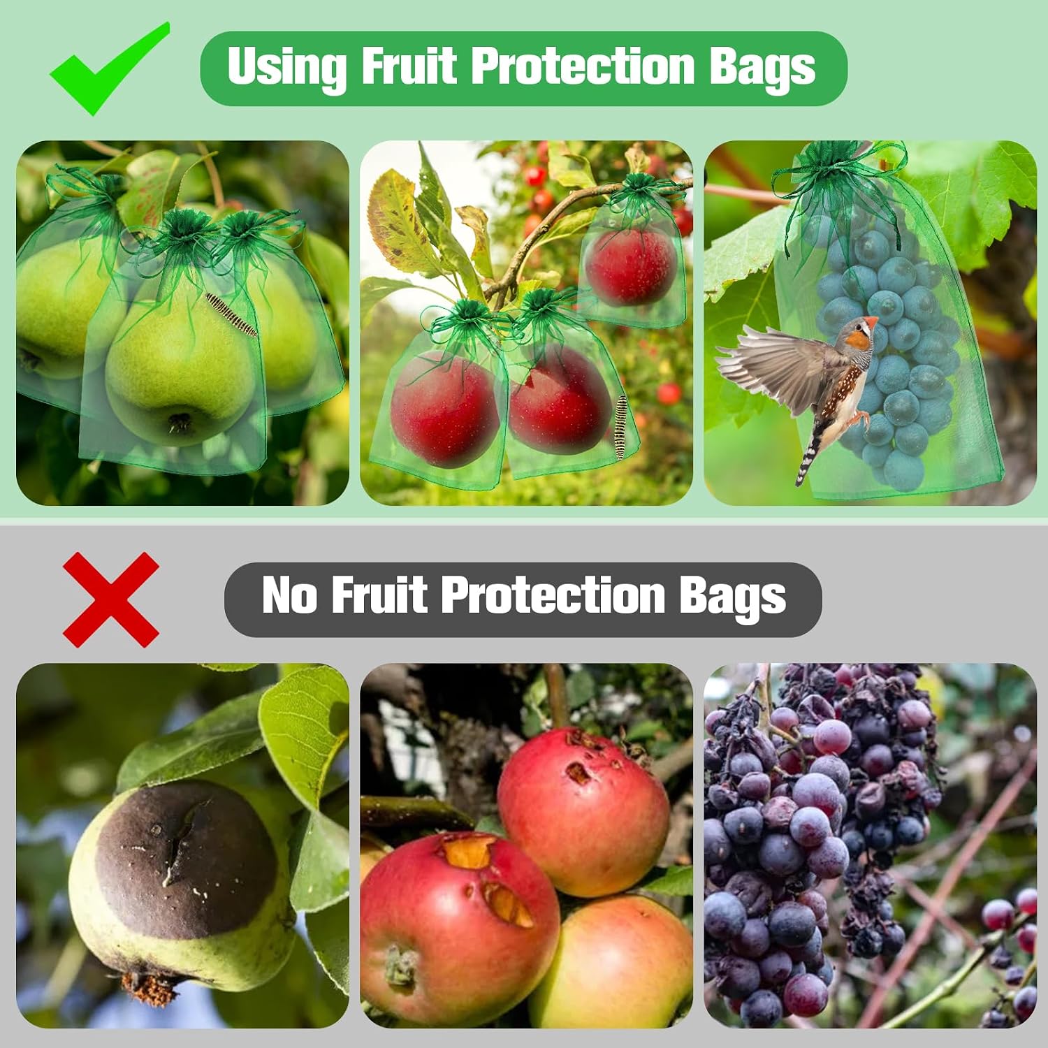 180 Pcs Fruit Protection Bags for Fruit Trees, Green Fruit Netting Cover Bags 3 Size Garden Netting Bags with