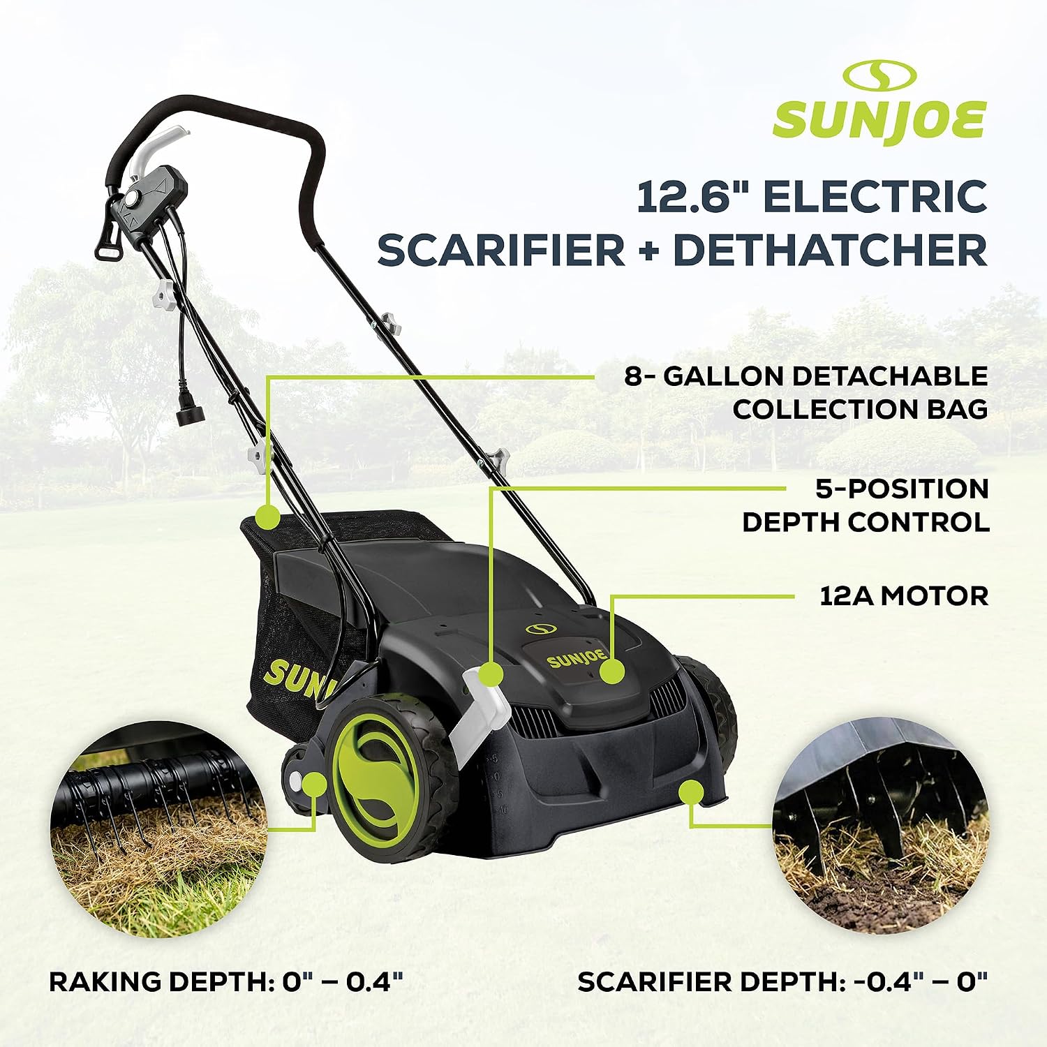 Sun Joe Electric Dethatcher & Scarifier, Corded, with 8-Gal Bag, 12.6-Inch Cutting Width, 12-Amp Motor - Heavy-Duty