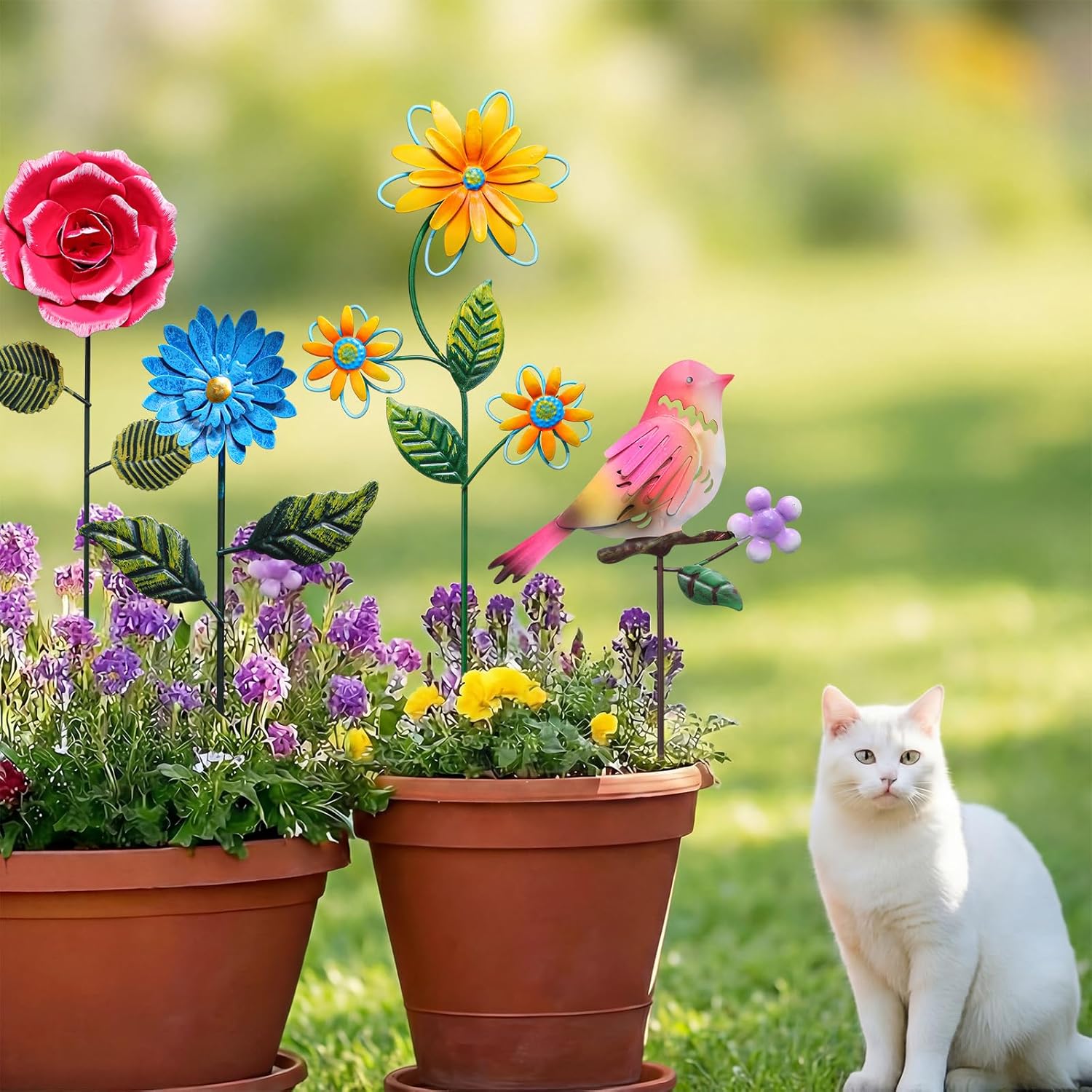 8 Pcs Metal Flower Yard Art for Outside Outdoor 14" 5d Summer Wildflowers Metal Sign Waterproof Garden Stakes Bird