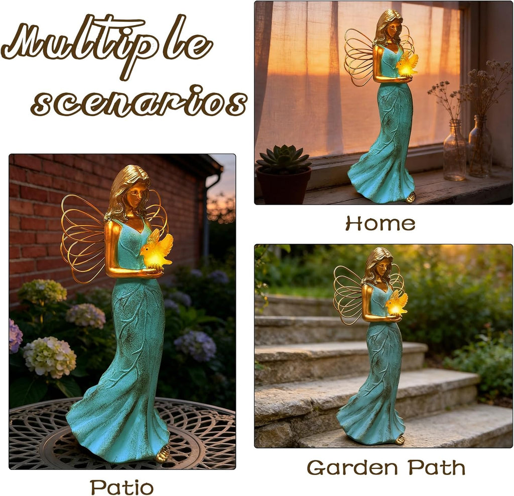 Solar Fairy Garden Statue Decor - Leaf Angel Girls with Hummingbird Figurines Lights Resin Collection Home Decoration