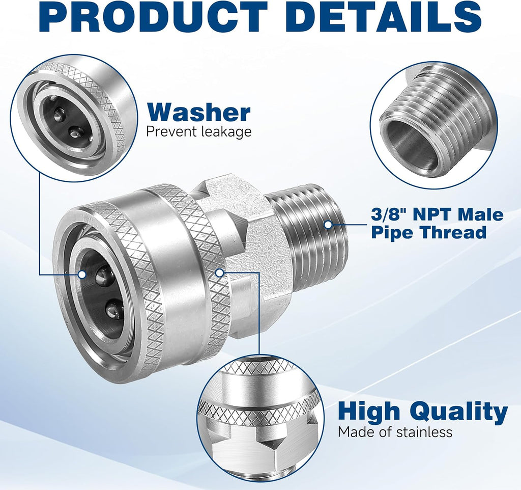3/8 Inch NPT Pressure Washer Quick Connect Adapter Set, 12-Piece | Stainless Steel Male Thread Fittings for Compatible