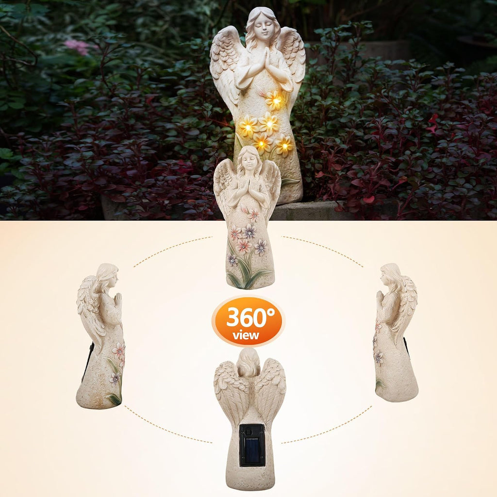 Solar Angel Garden Statue, 9.6 Inch Outdoor Decor with 6 LED Lights | Warm solar glow and a praying angel design for