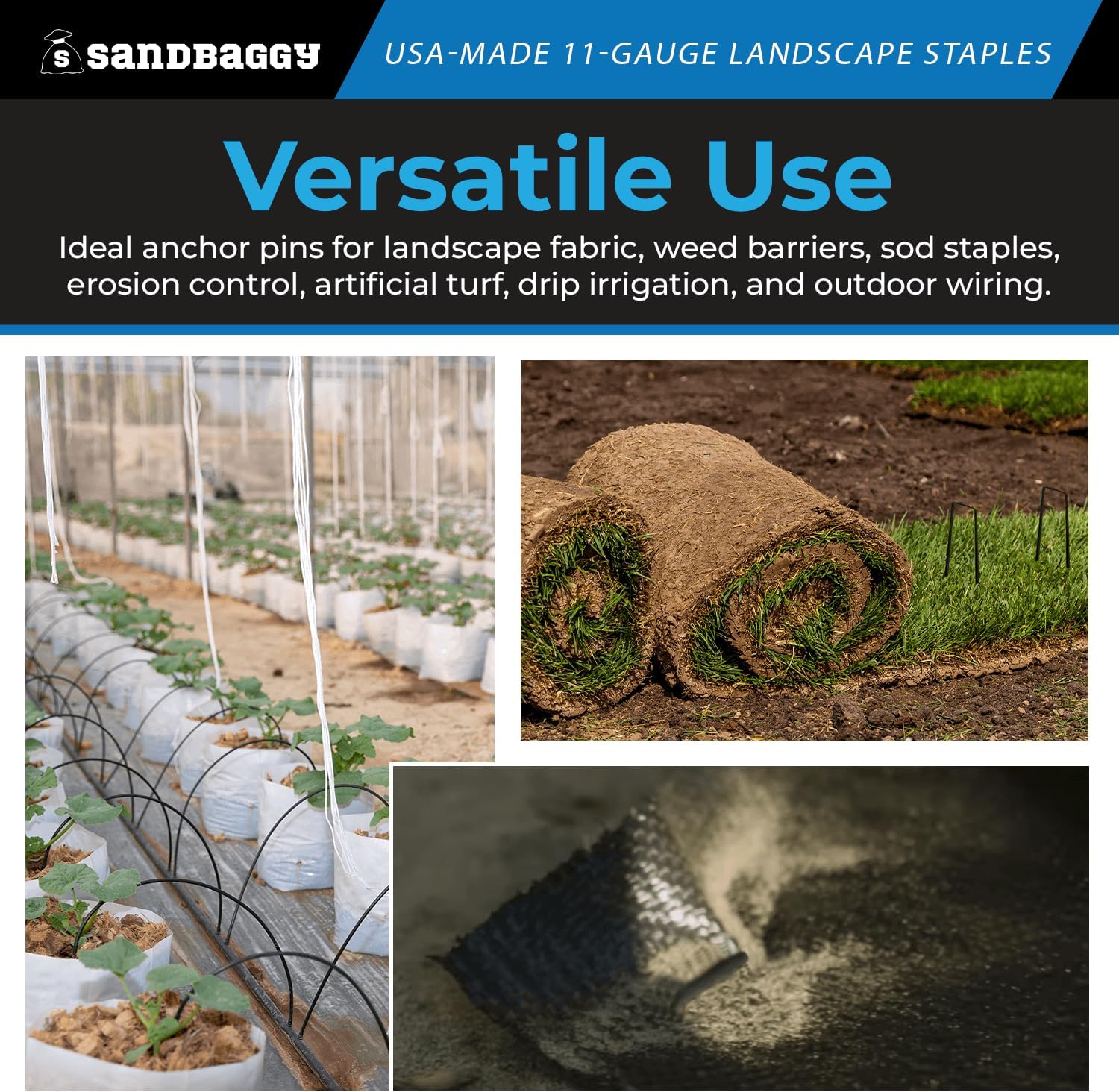 Sandbaggy USA Made 6-inch Landscape Staples - Garden Stakes - Landscaping Fabric, Netting, Sod, Artificial Turf
