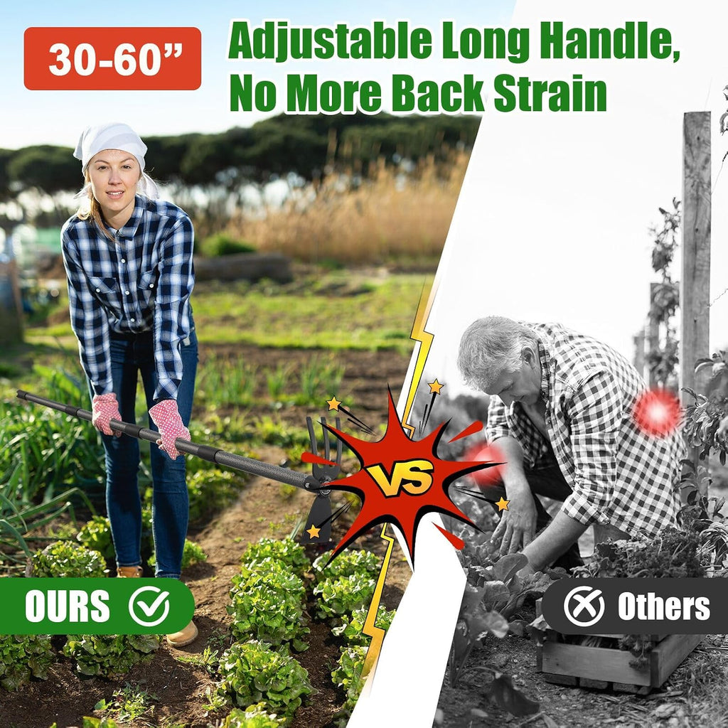 Garden Hoe with 3-Tine Cultivator Rake, 2-In-1 Carbon Steel Sharp Weeding Tool with 60 " Long Handle For Weed Removal