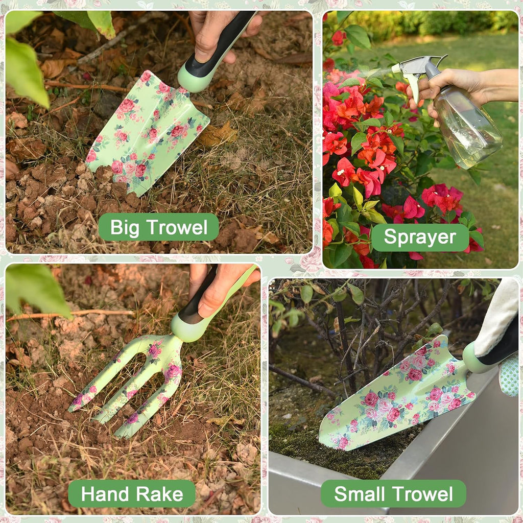Gardening Tools, WisaKey 10 Piece Heavy Duty Garden Tools Set with Handle, Durable Fashion Garden Organizer Handbag