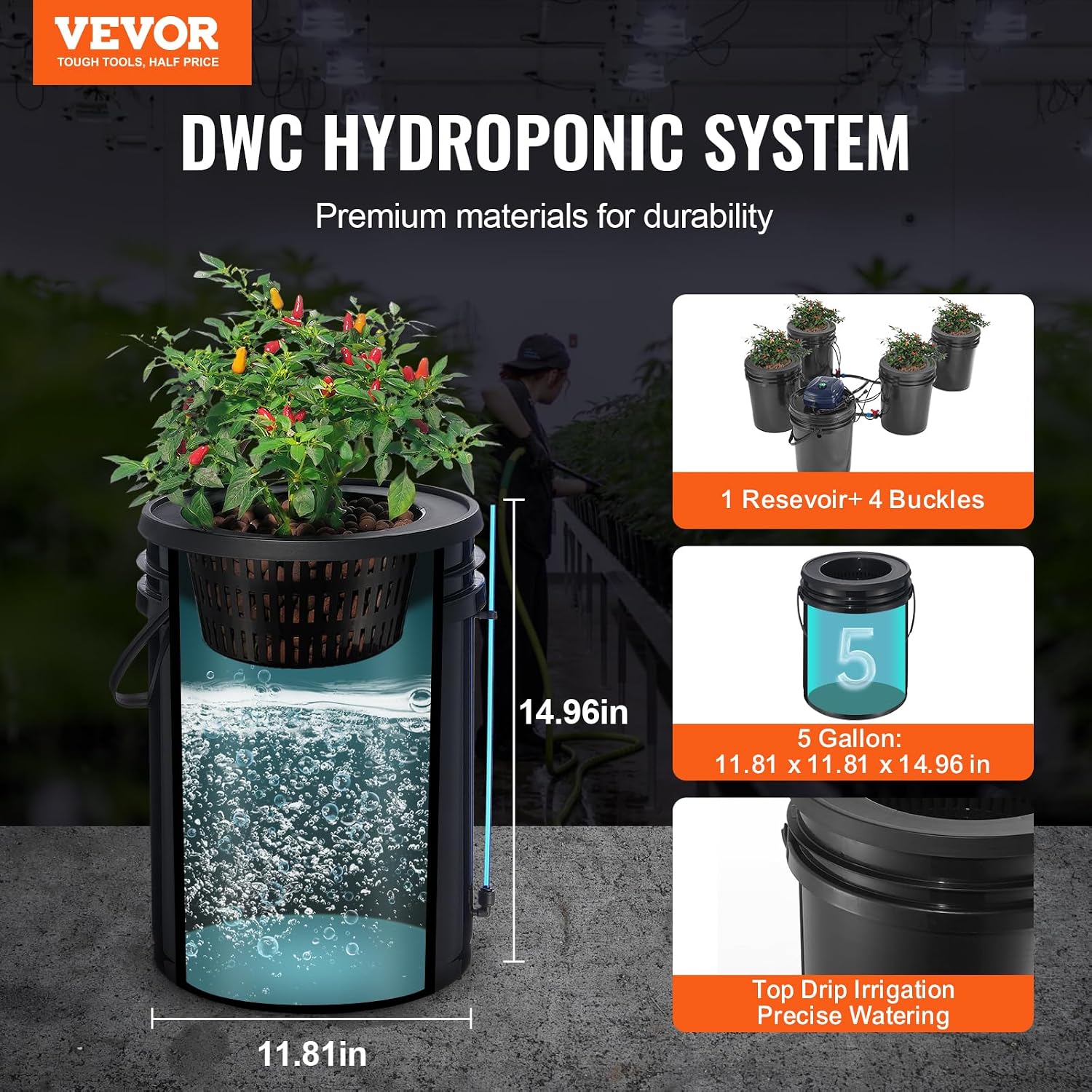 VEVOR RDWC Hydroponics Grow System, Hydroponic Growing Kit with Top Drip, Recirculating Deep Water Culture 4 Buckles