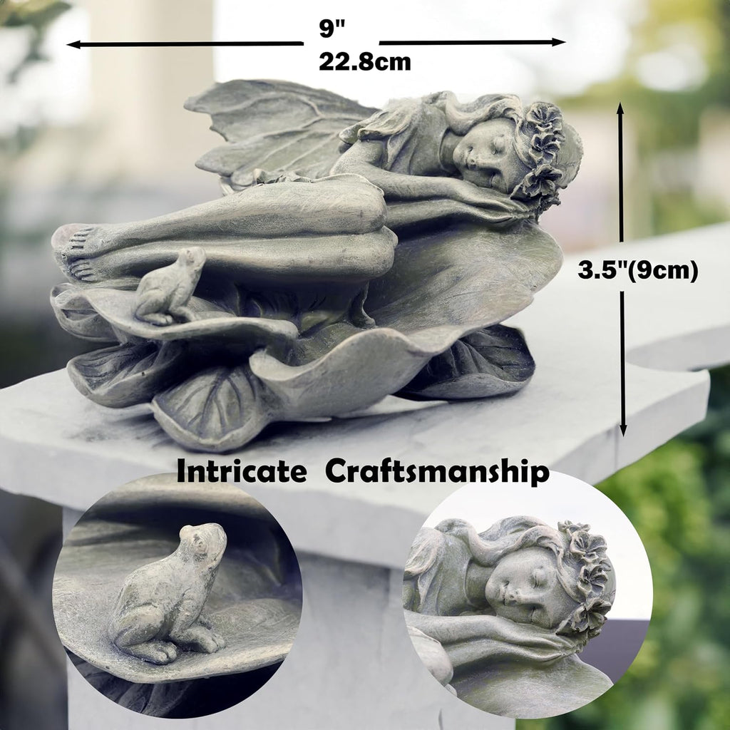 Garden Fairy Statue,Garden Sleeping Angel on Lotus Leaf with Bird Feeder Feature Outdoor Decor Sculptures Figurine