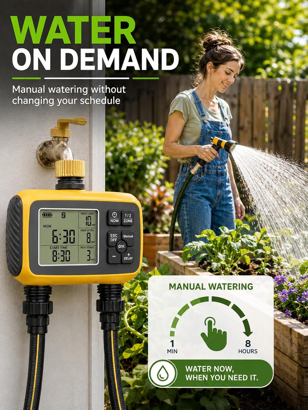 Hose Timer 2 Outlet, 2 Zone Programmable Sprinkler Timer with Rain Delay & Manual Mode, Heavy Duty Digital Timer for