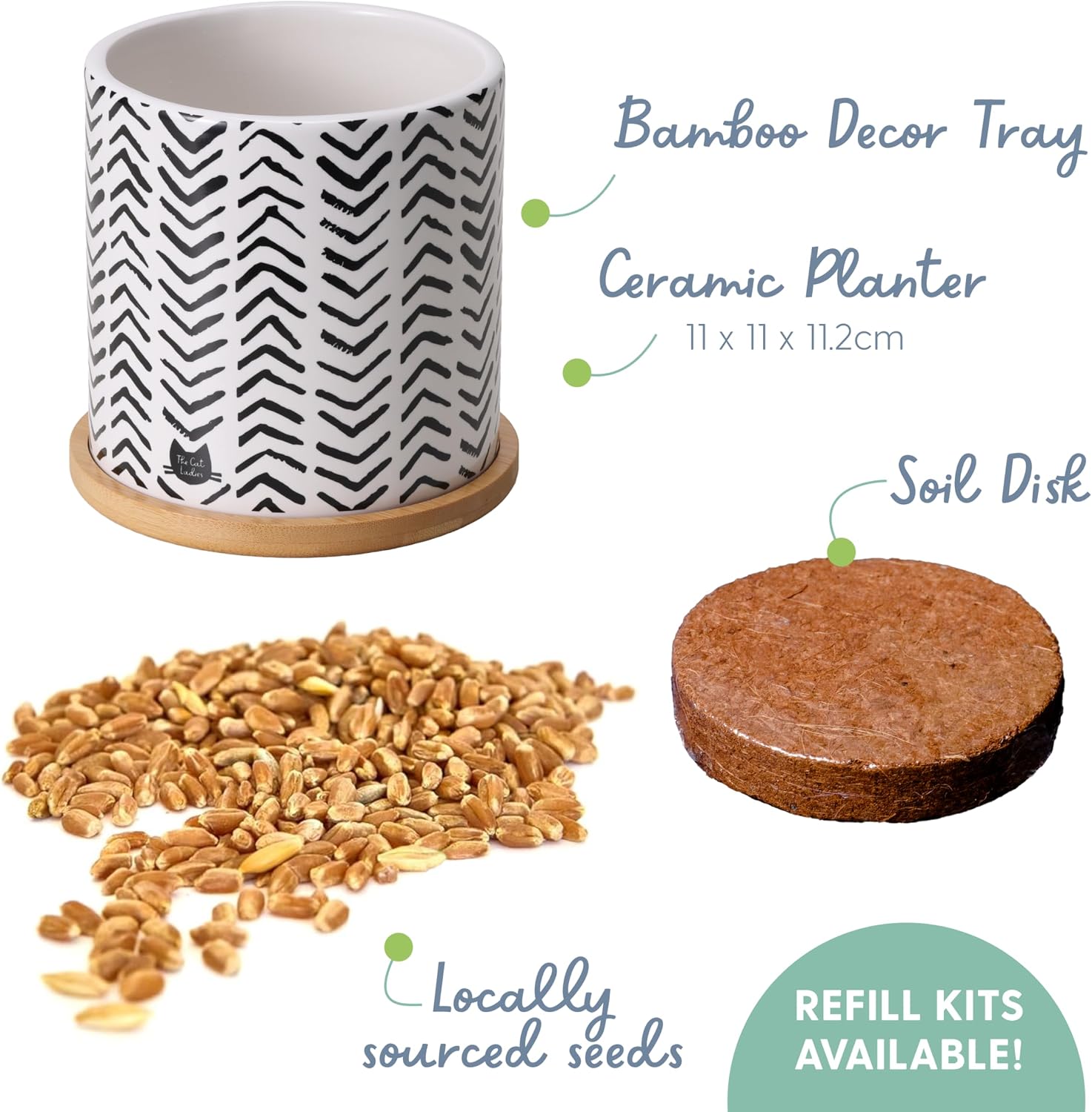 The Cat Ladies Organic Cat Grass Growing Kit for Indoor Cats, Boho Planter | Includes Organic Seed Mix, Soil and Boho