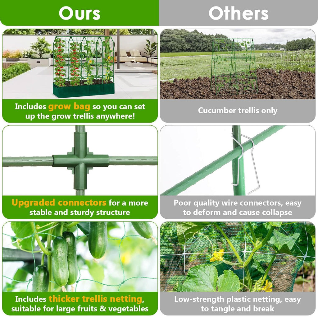 Large Cucumber Trellis for Climbing Plants with Grow Bag, 67"×65"×16.5" Metal Garden Trellis for Raised Bed with Garden