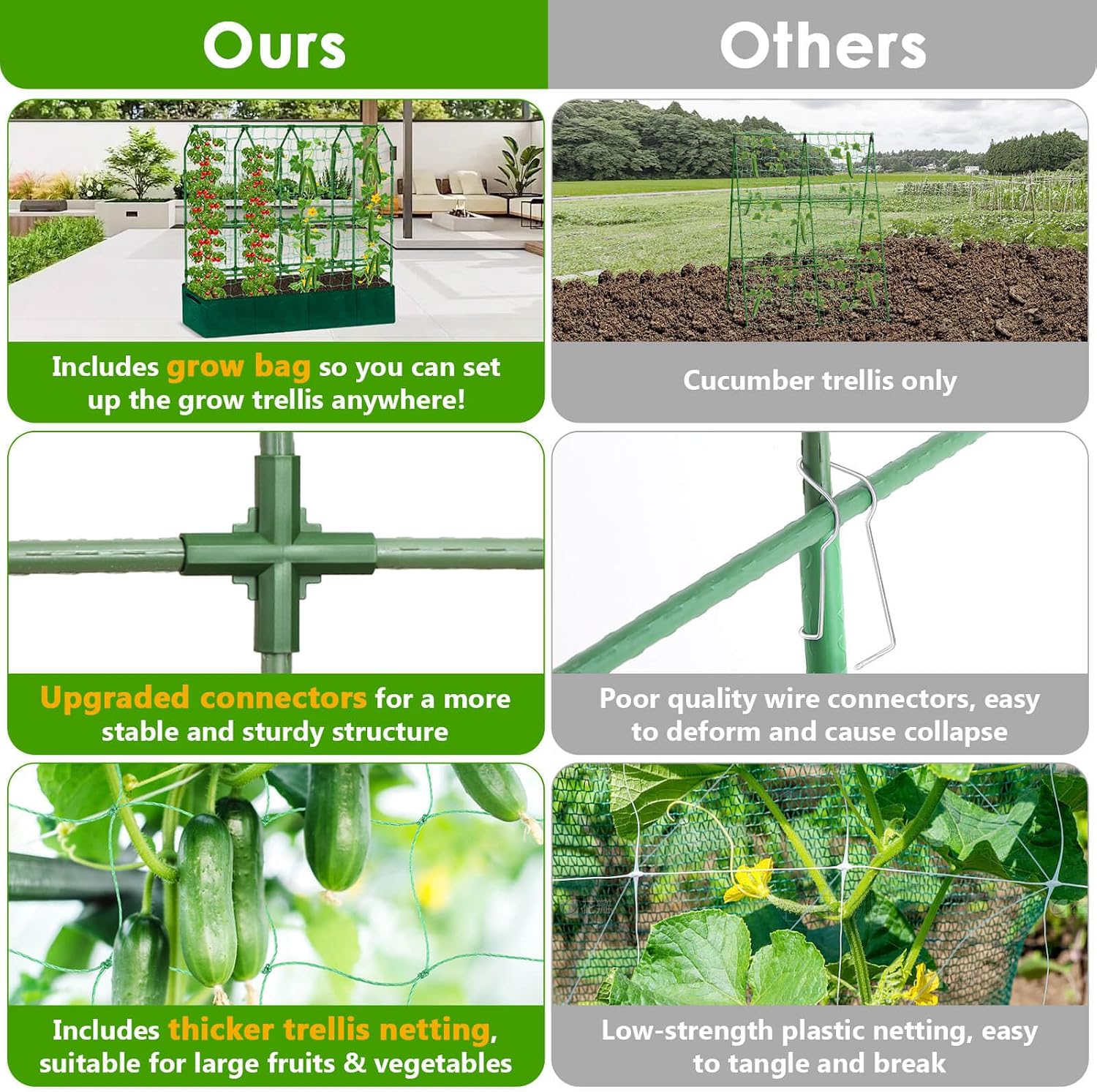 Large Cucumber Trellis for Climbing Plants with Grow Bag, 67"×65"×16.5" Metal Garden Trellis for Raised Bed with Garden
