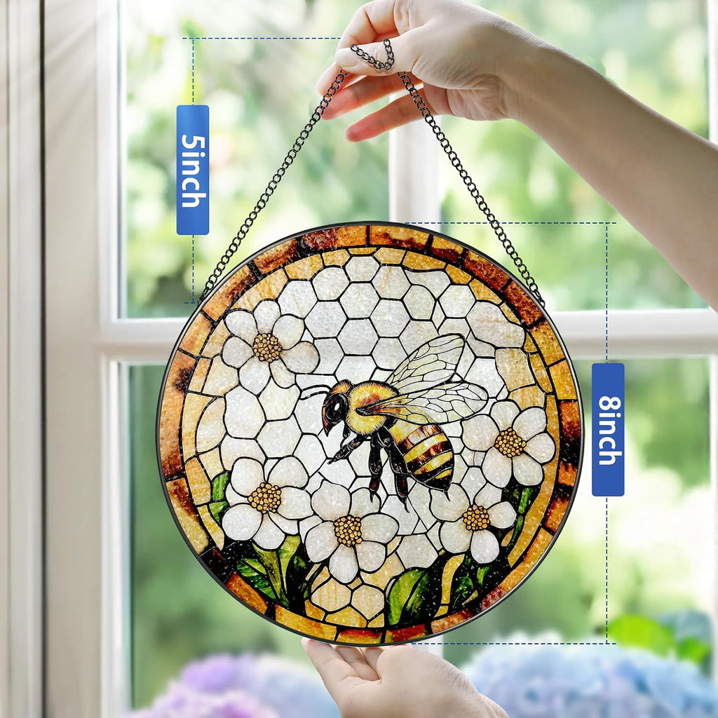 Bee Wildflowers Stained Glass Suncatcher, Stained Glass Window Hanging, 8 Inch Honey Bee Suncatcher, Honeybee Gifts for