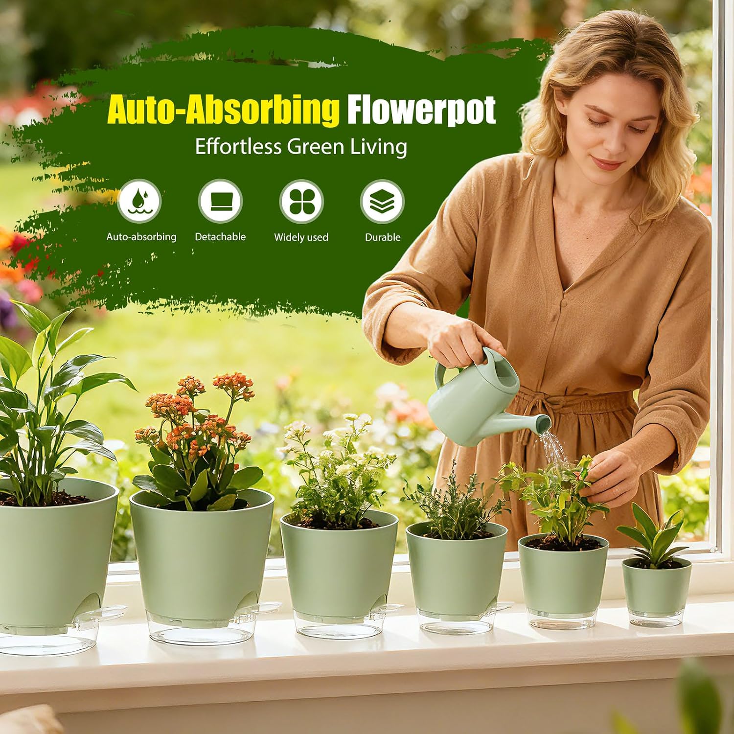Plant Pots 4/5/5.5/6/6.5/7/8 Inch Self Watering Pots, 7 Pack Plastic Planters with Drainage Holes and Clear