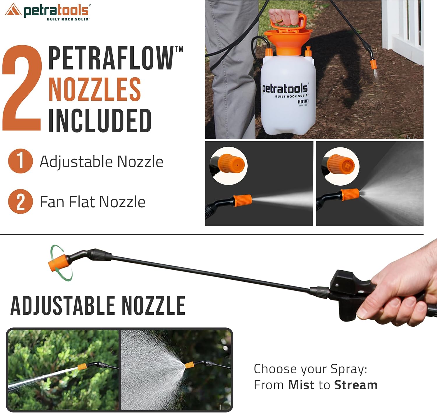 Petratools 1 Gallon Pump Sprayer – HD101 Garden Sprayer for Weeds, Lawn Care & Pesticides – 52” Long Hose, 2 Nozzles &