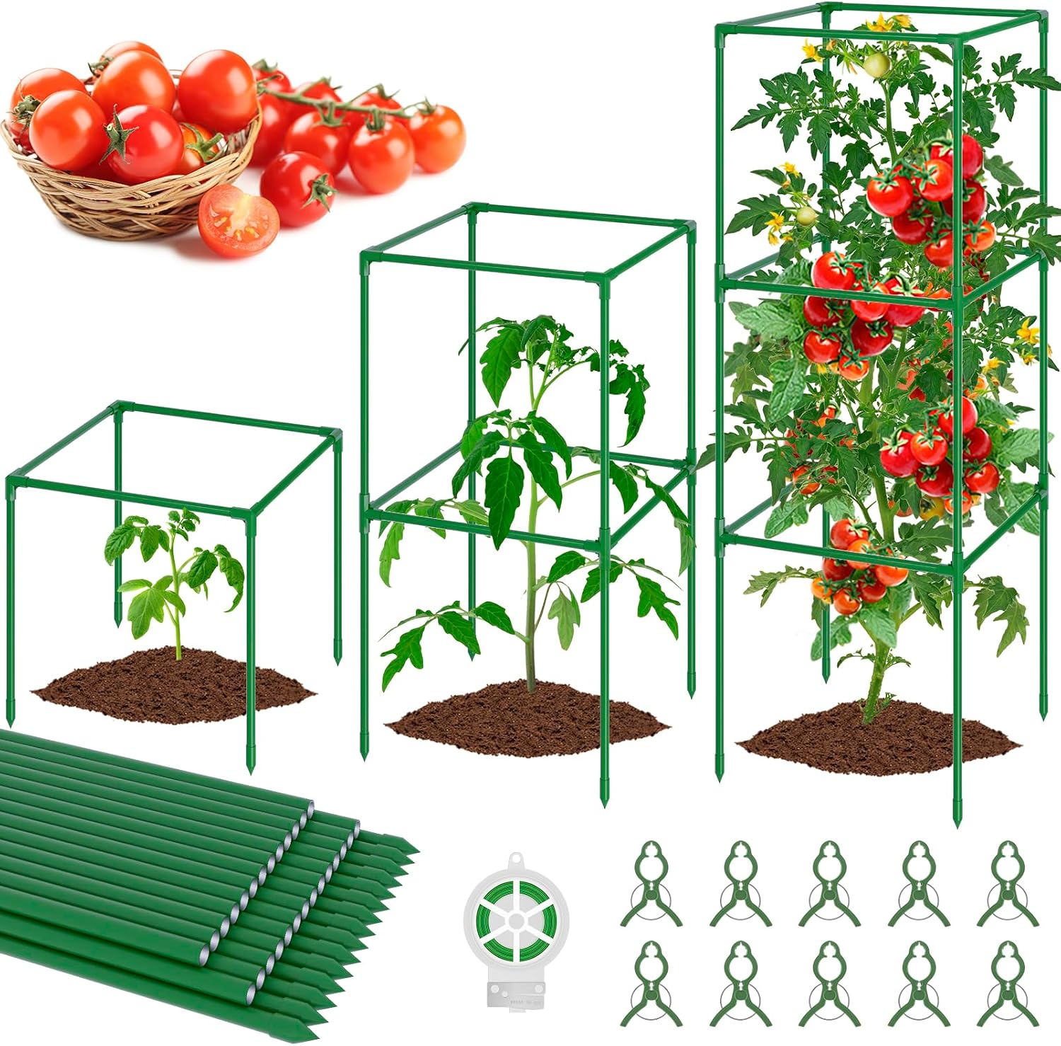 WLLEYAY 3 Pack Square Tomato Cages, 50in Plant Stakes Support Cages Trellis | Heavy Duty Steel Plant Tower Stakes