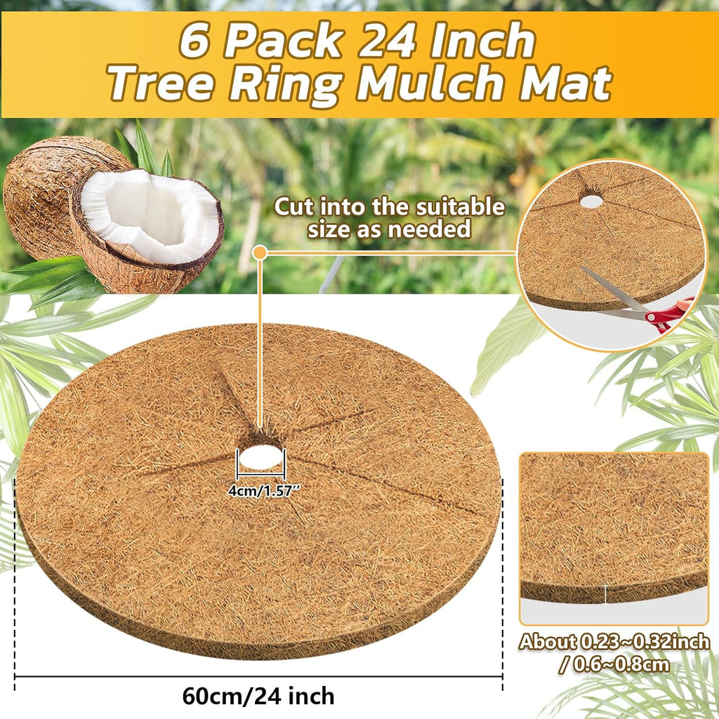 6 Pack Coconut Fiber Mulch Ring Tree Plant Protector Mat, 24 Inch | Natural Coco Coir Tree Mulch Ring Plant Pot Soil