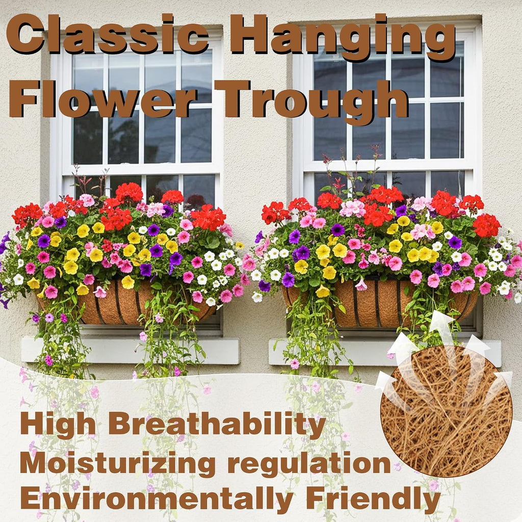 2 Pcs 24“ Railing Planter Window Box Deck Railing Planter Boxes with Coco Liner English Horse Trough Planters Metal