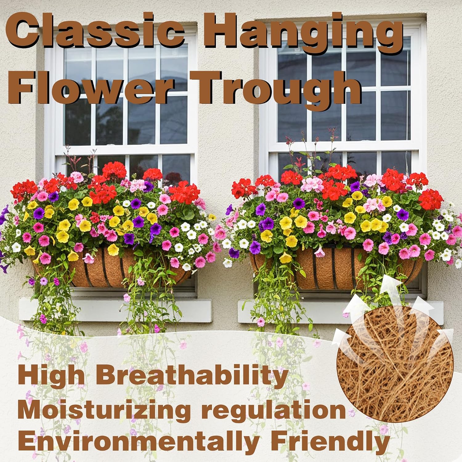 2 Pcs 24“ Railing Planter Window Box Deck Railing Planter Boxes with Coco Liner English Horse Trough Planters Metal