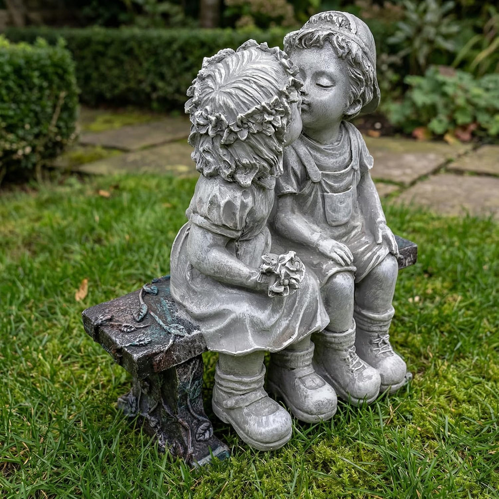 Outdoor Boy Girl Statue for Garden, Yard & Flower Bed Decor | Weather-Resistant Resin, Fist Kiss Figurine Adds