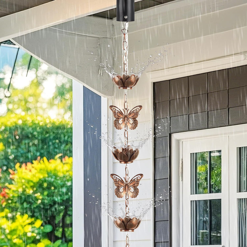 8.8ft Rain Chain for Gutters Downspouts Outside,Butterfly Rain Chain Cups with 12 Copper Chain Adjustable Lotus Rain