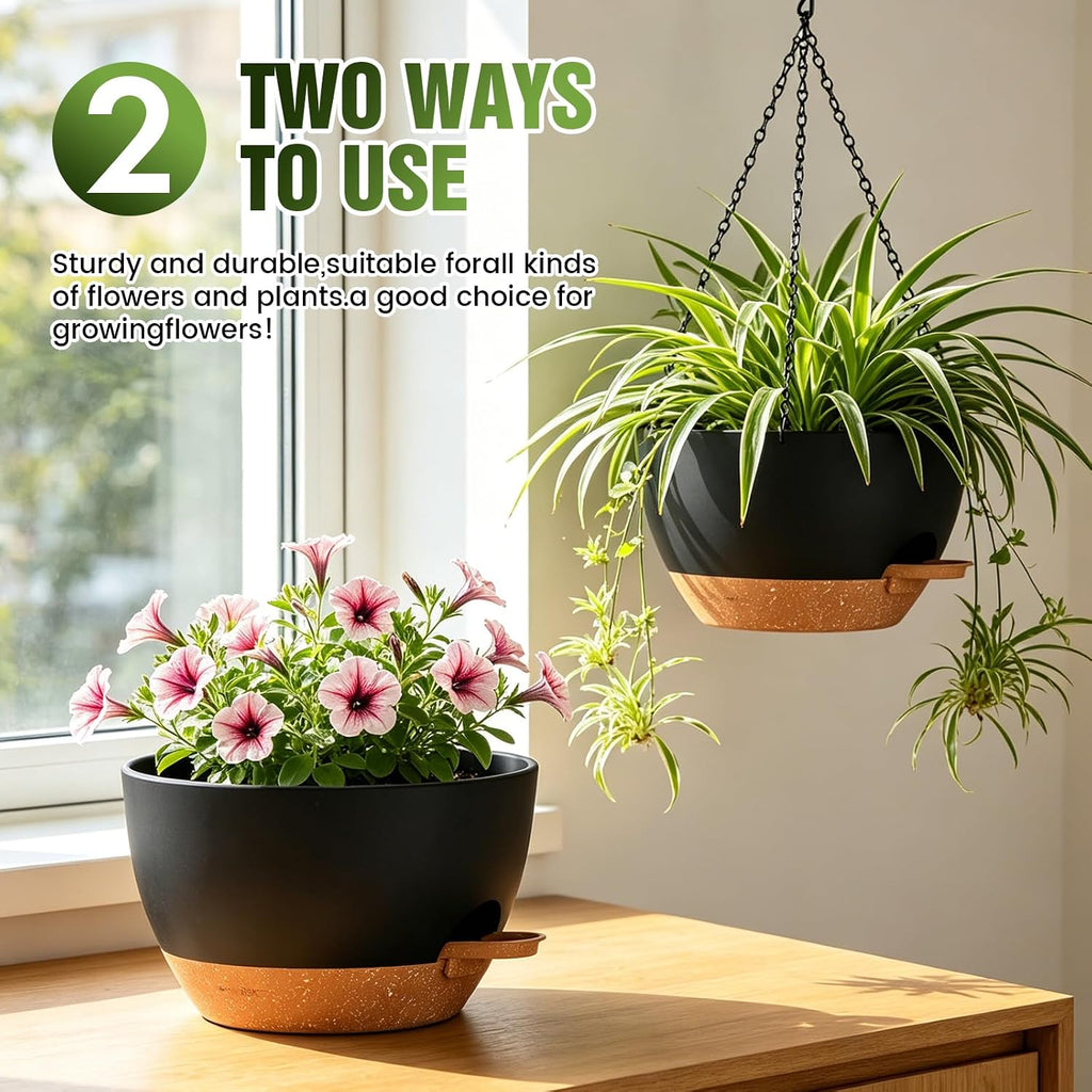 12 Inch Large Self Watering Hanging Planters 2 Pack with Saucers | Set of 2 12-inch self-watering hanging planters with
