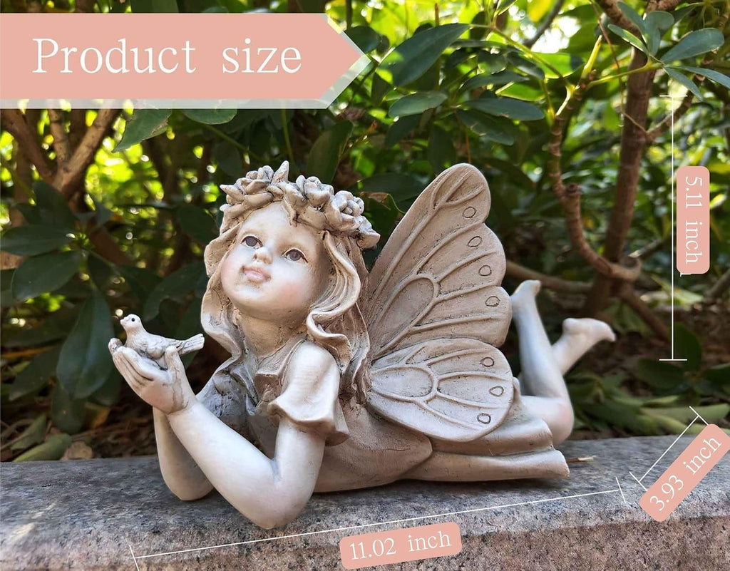 MeritMode Fairy Flower Garden Outdoor Statue - Angel Holding Bird | Hand-Painted Resin, Outdoor Angel Figurine , Flower