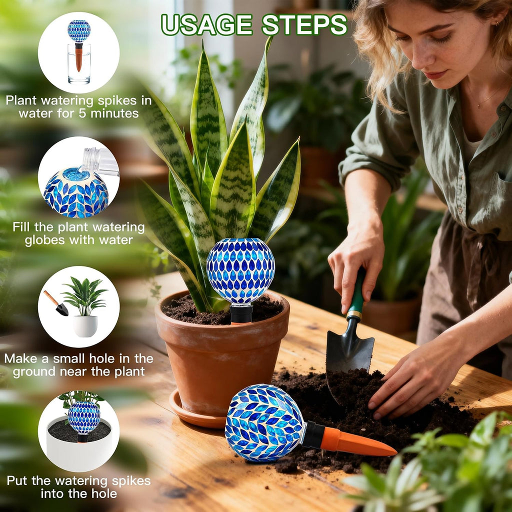 VOREEN Blue Mosaic Self Watering Globes 2 Pack, 500ml Handmade Glass Terracotta Plant Spikes, Automatic Self Watering