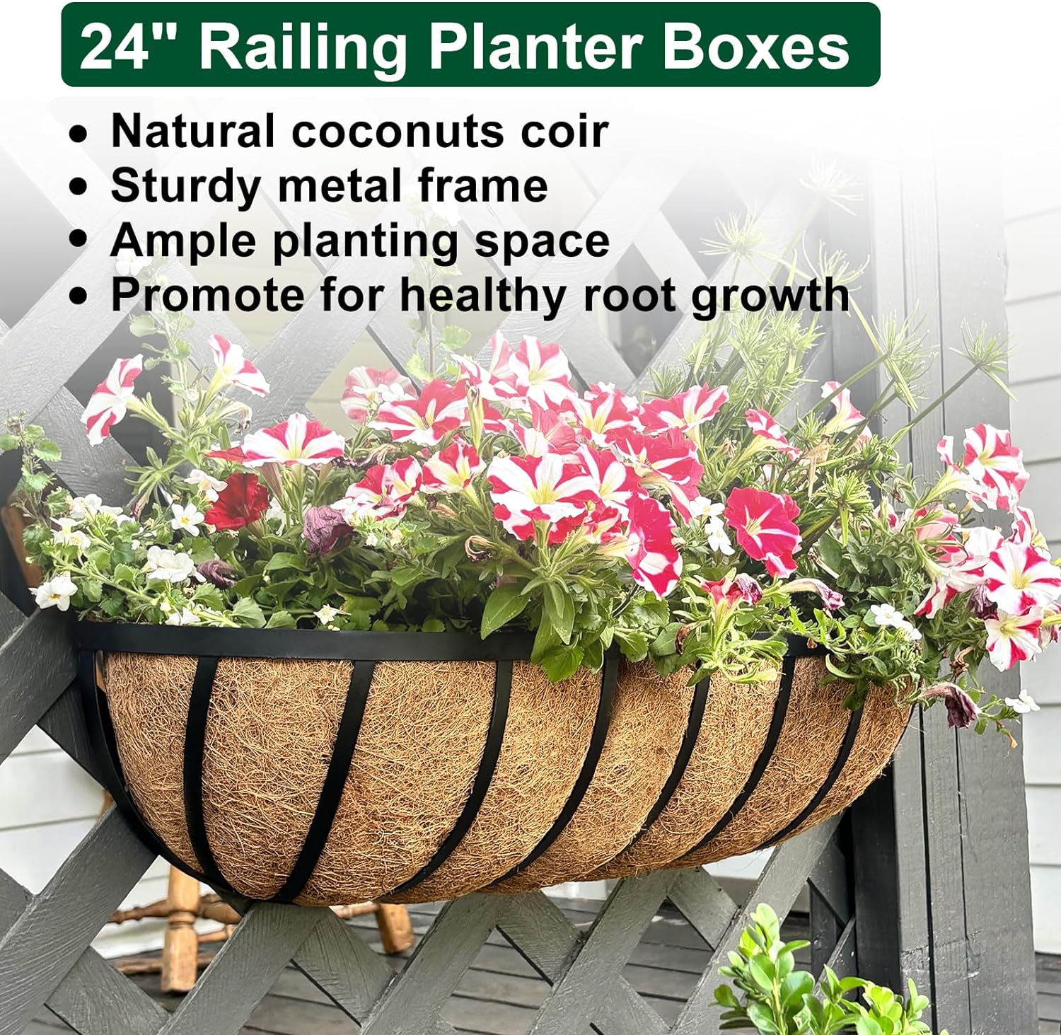 DUNCHATY 24 Inch Railing Planter 4 Pack - Adjustable Metal Window Box Planter with Coco Liner for Deck Balcony Porch