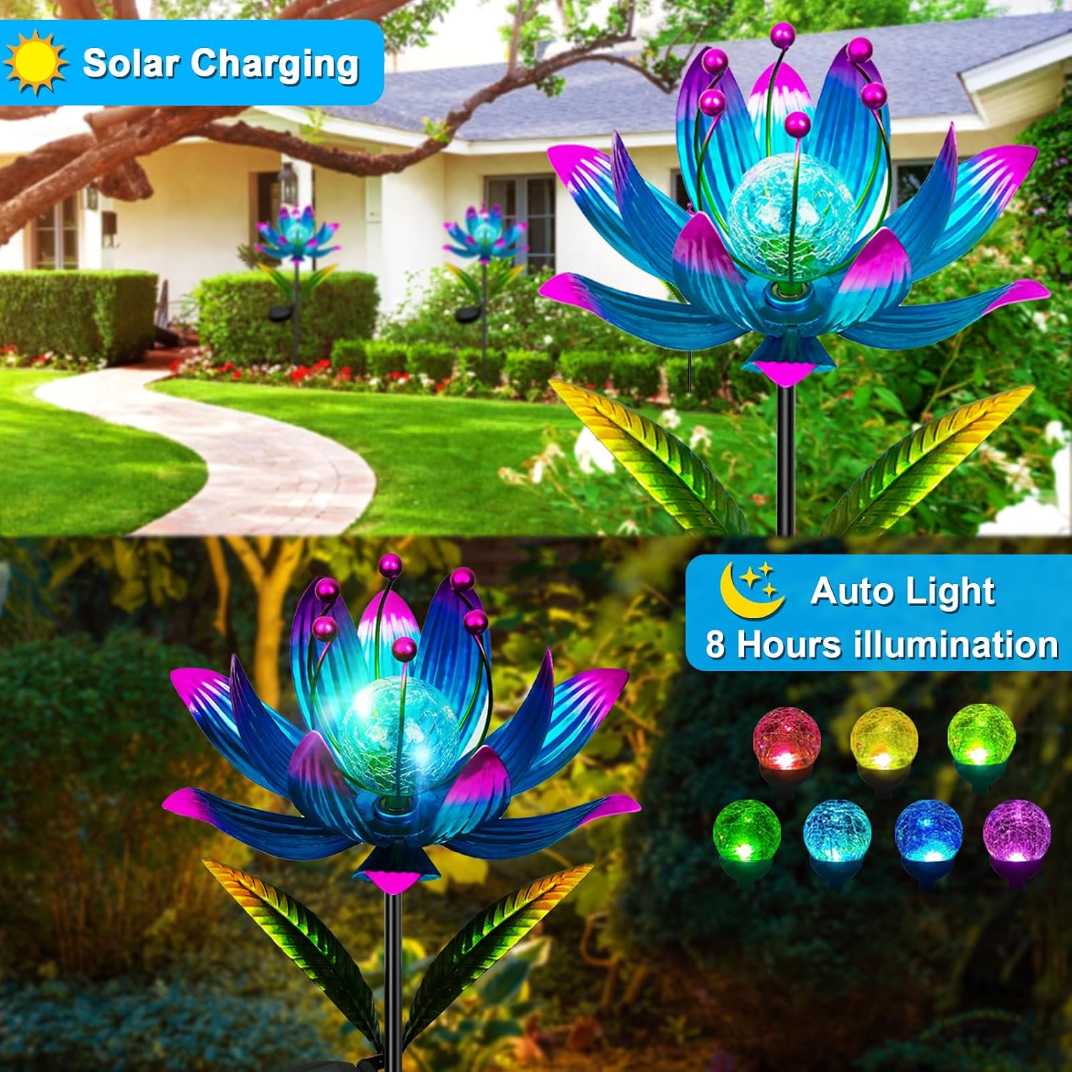Wind Spinners Outdoor with Stake, Metal Yard Art, Purple | Colorful Solar Light Windmill Decor, Perfect Ornament for