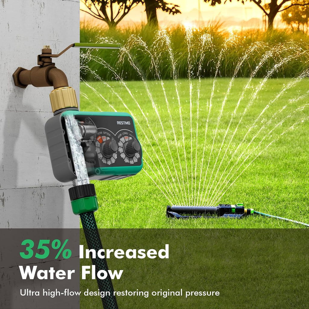 RESTMO 3-Dial Analog Sprinkler Timer, Mechnical Water Timer for Outdoor | Brass Inlet & Outlet, Manual/Rain Delay
