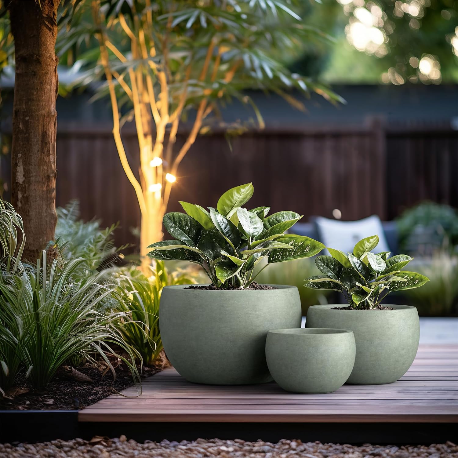 Kante Set of 3 Mint Green Concrete Bowl Planters 19.9" 15.7" 11.8" Dia | Drainage for Outdoor, Rubber Plug for Indoor