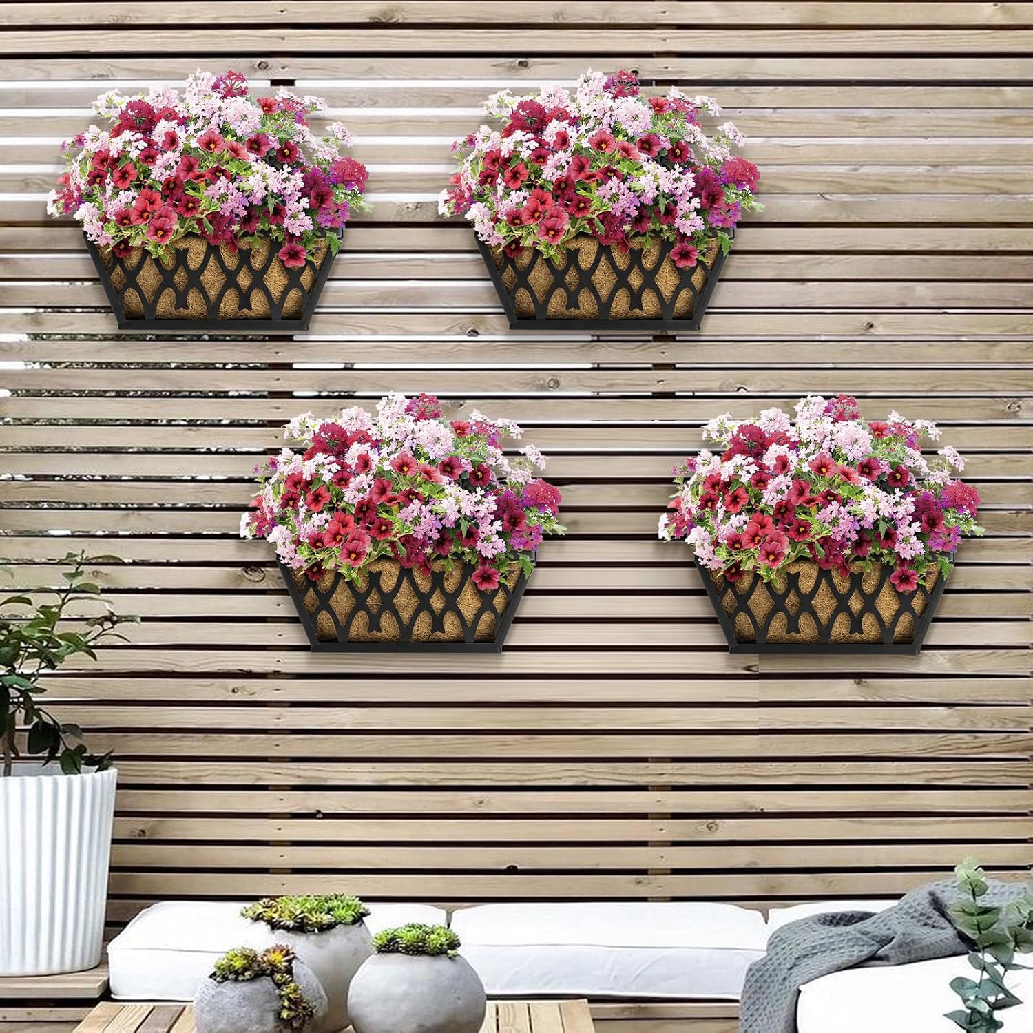 4 Pack 14 Inch Window Boxes Planters Railing Planter Box with Coco Liners Deck Railing Planter Boxes Balcony Hanging