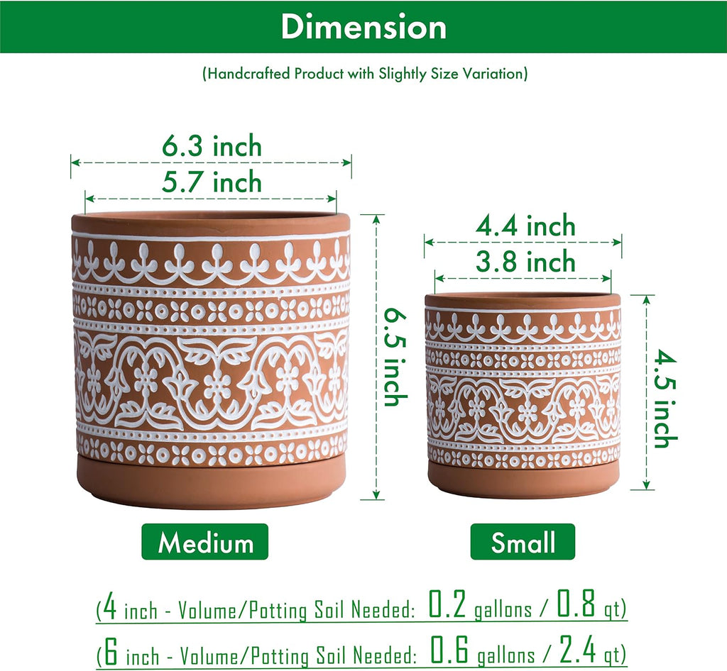 D'vine Dev 2-Pack Terracotta Pots, 4/6 in, Terra/White, 31-958-F-1 | Hand-Painted Pattern, Natural Clay Texture