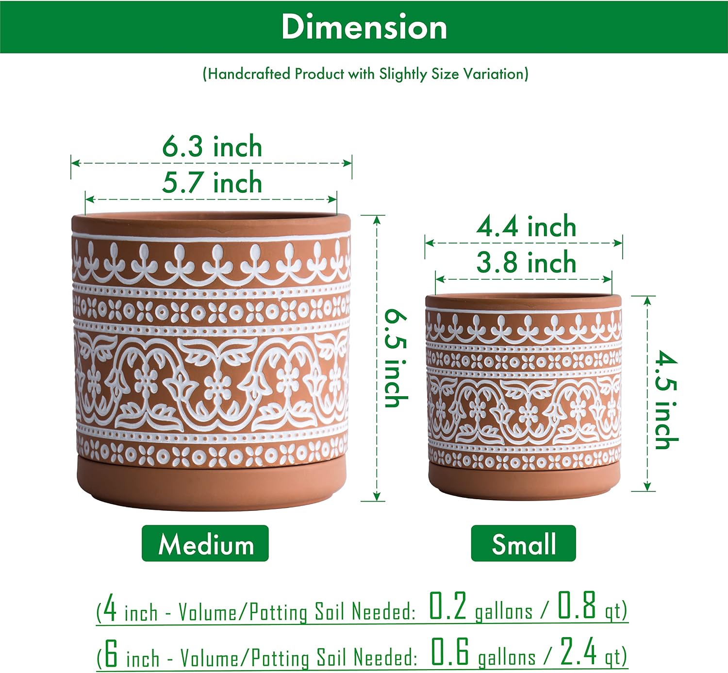 D'vine Dev 2-Pack Terracotta Pots, 4/6 in, Terra/White, 31-958-F-1 | Hand-Painted Pattern, Natural Clay Texture