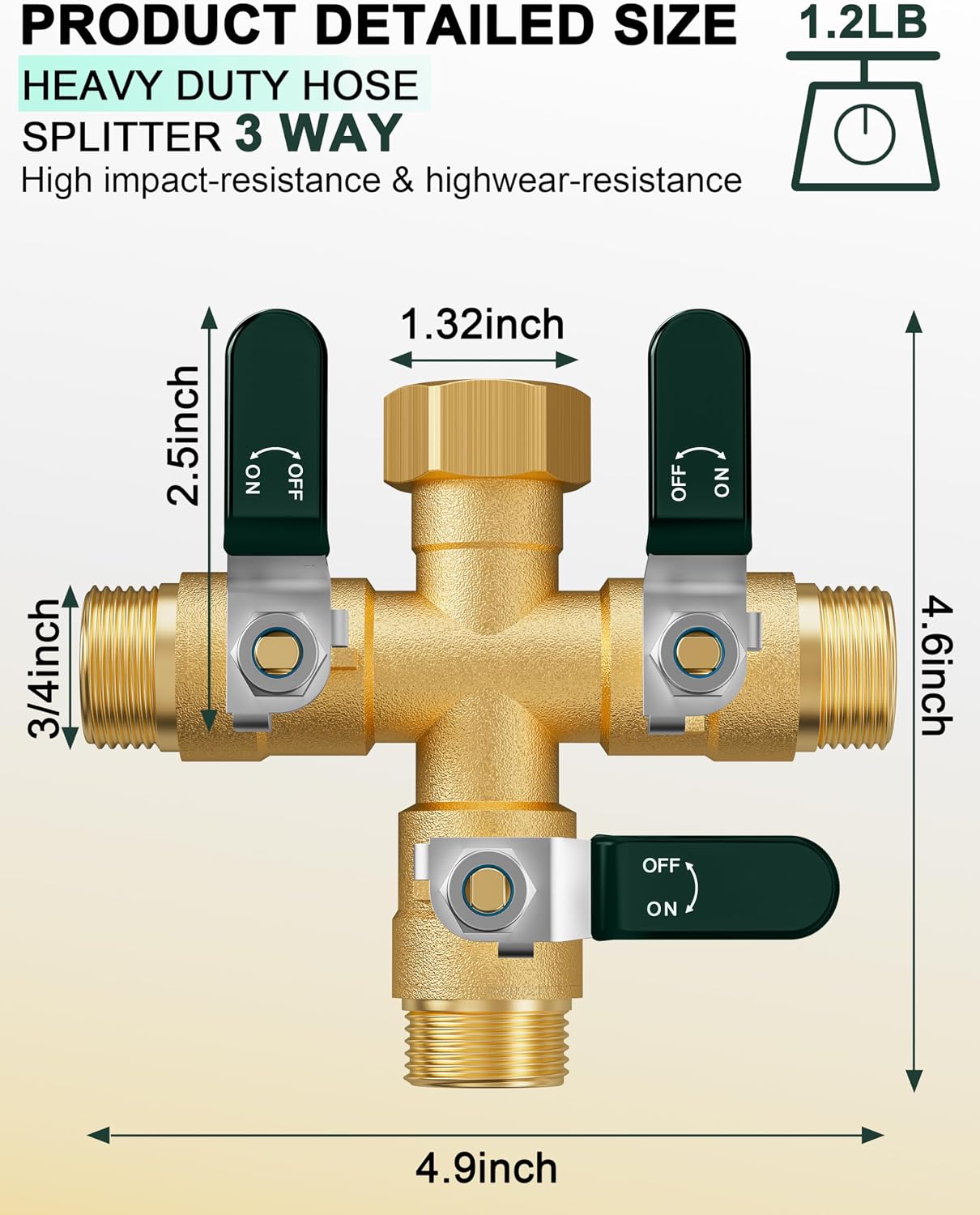 EBH Garden Hose Splitter 3 Way, Heavy Duty Solid Brass Hose Splitter with Shutoff Valves, Water Spigot Splitter With