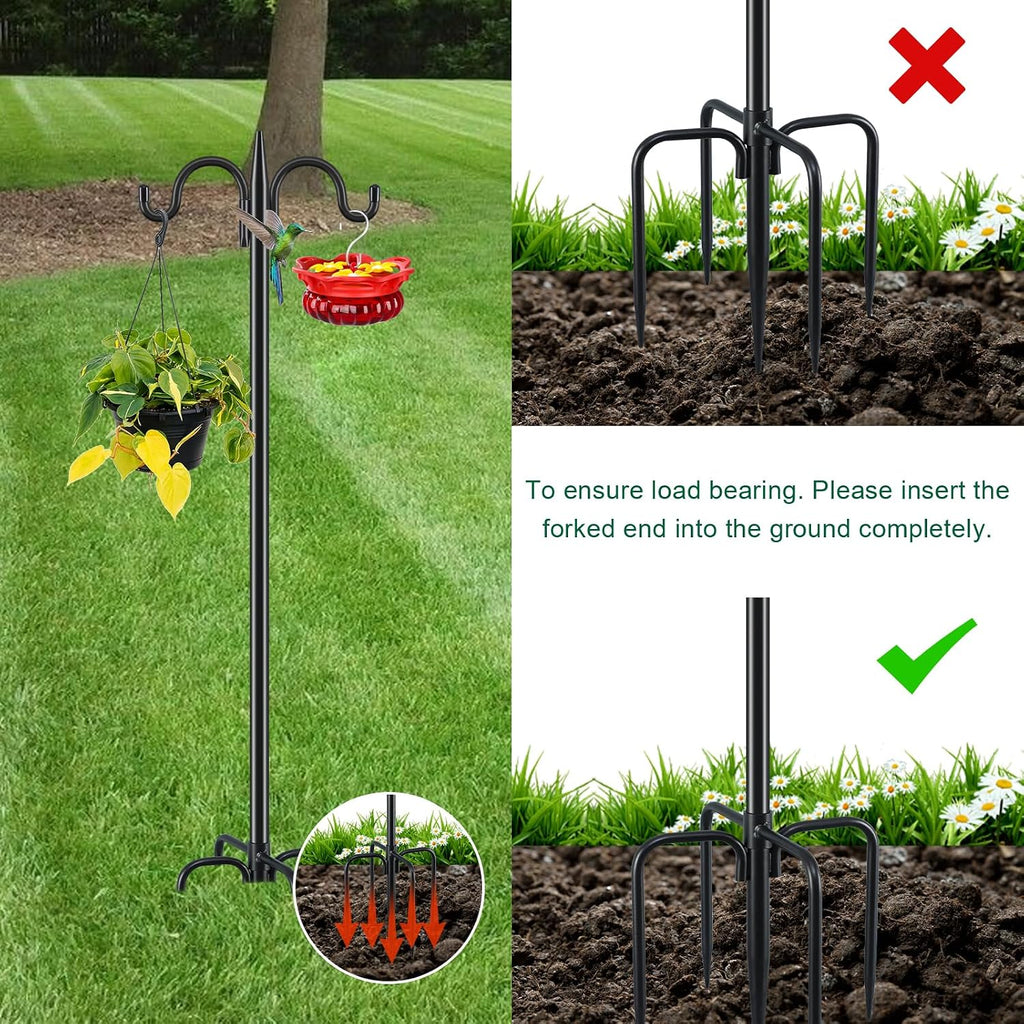 Gtongoko Bird Feeder Pole for Outdoors Heavy Duty, 2 Pack 92 Inch Double Shepherds Hook with 5-Prong Stable Base, 3/4