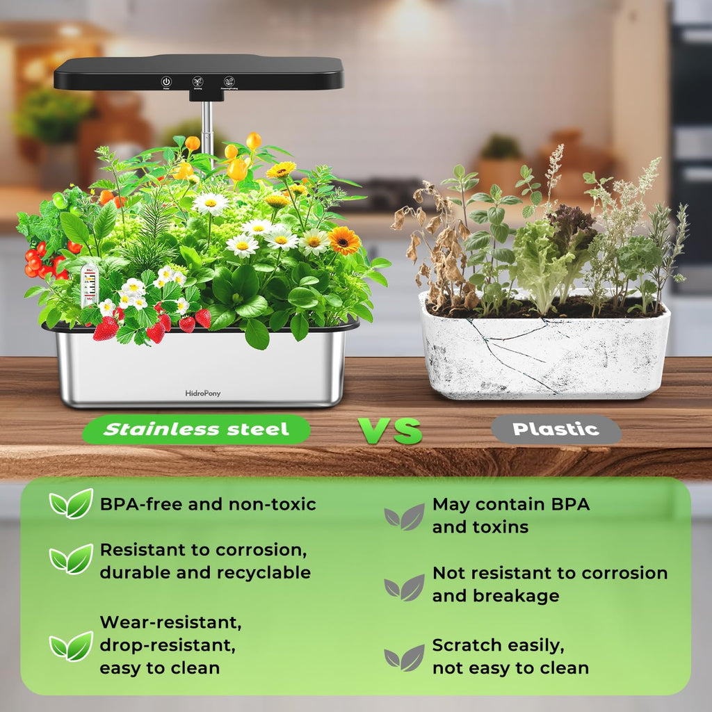 Stainless Steel Hydroponics Growing System kit Indoor Garden: 15 Pods Herb Garden with 24W Full Spectrum Grow Light