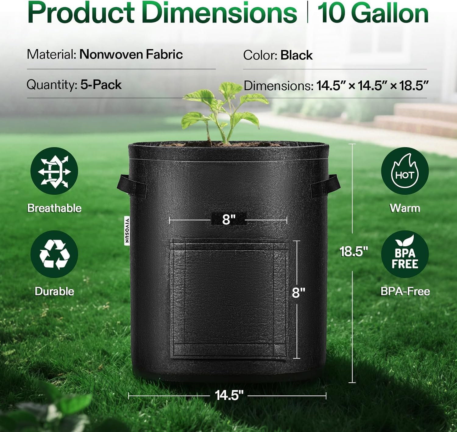VIVOSUN 5-Pack 10 Gallon Potato Grow Bags for Growing Potatoes, Fabric Potato Pots with Handle and Roll-up Window